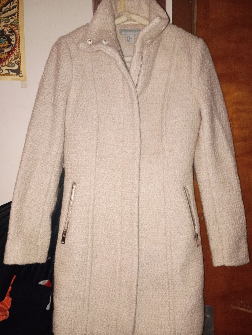 H&M Cream Bouclé Pea Coat with Zip Pockets